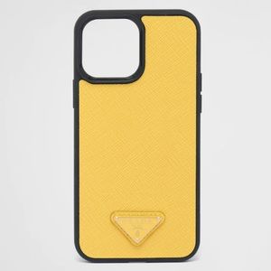 Prada Yellow Triangle logo iPhone 13 Pro Max cover case Saffiano Leather